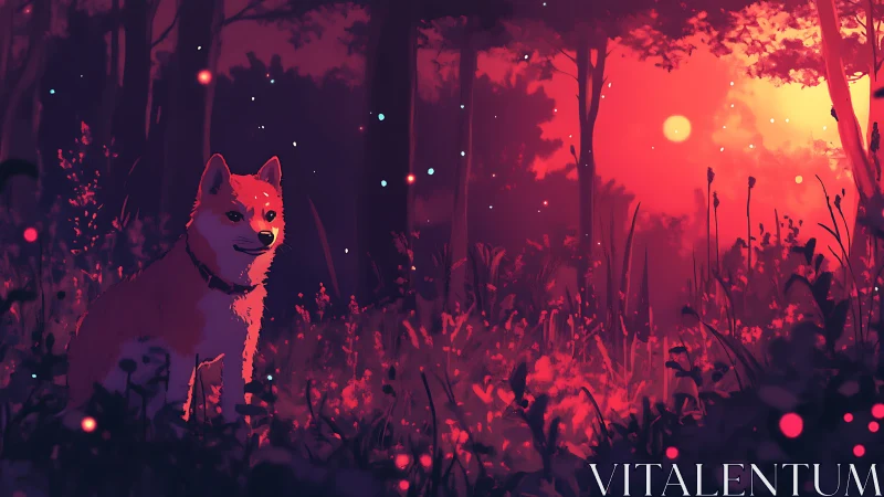 Gentle foxlike pup glows softly in a dreamy sunset forest.