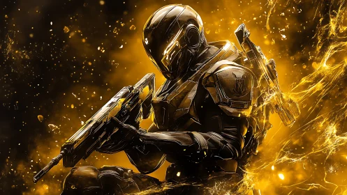 Cyber soldier grips rifle amid molten golden energy storm.