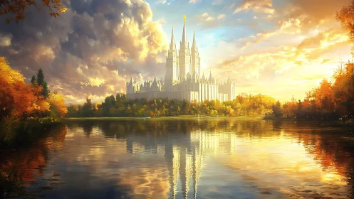 Radiant white castle rises over serene autumn lake at dusk.