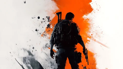 Lone action hero strides forward in bold explosive color