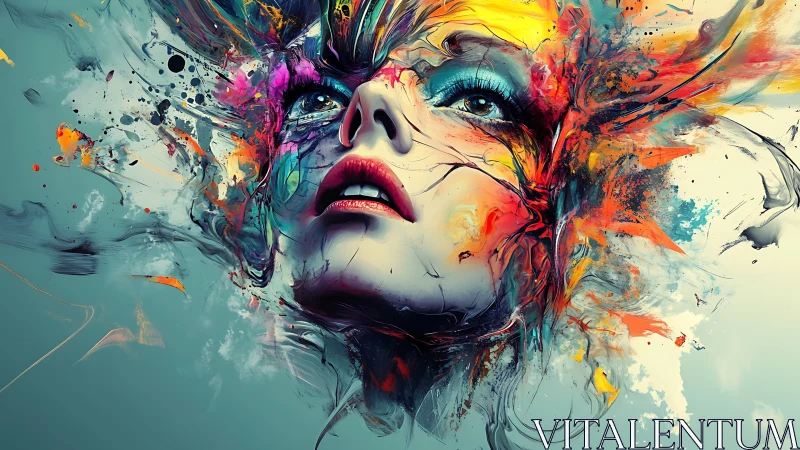 Surreal female portrait in explosive multicolor digital abstraction