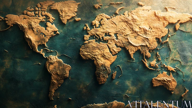 Textured world map relief glows over deep teal oceans.