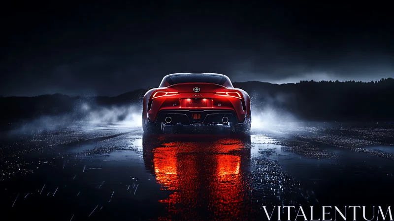 Rear red sports car igniting wet night road reflections.
