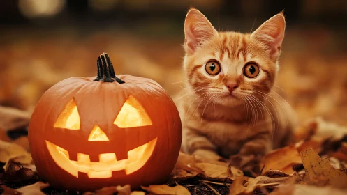 Orange tabby cat sits beside illuminated jack-o-lantern pumpkin