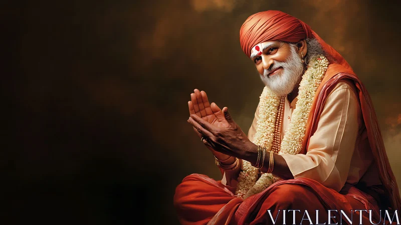 Smiling sage in saffron quietly applauds the warm horizon