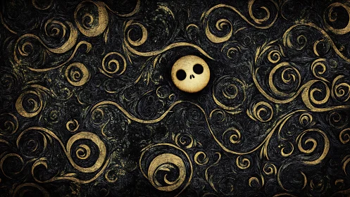 Skull motif centered in dense gold swirling pattern background.