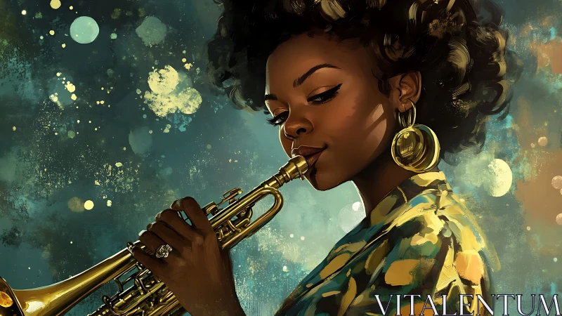 Digital portrait of woman playing trumpet against abstract night sky.