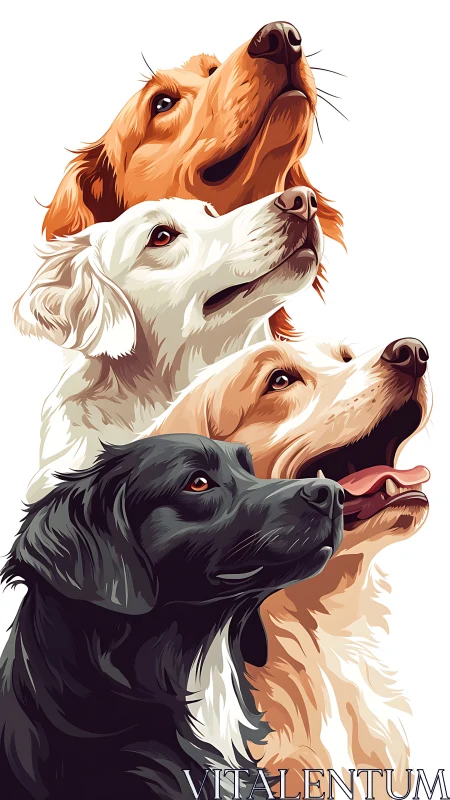 Four loyal dogs gazing upward in bright playful harmony.