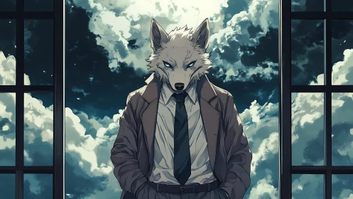 Anthropomorphic wolf in suit before cloudy sky backdrop.
