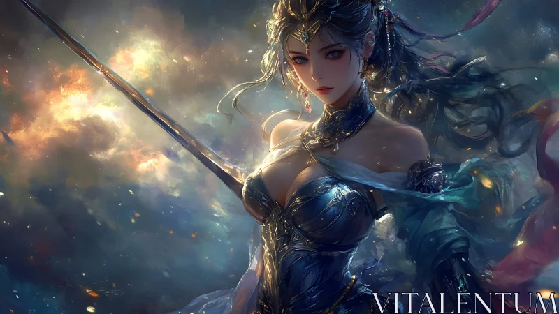 Warrior woman stands in ornate armor amid glowing storm clouds
