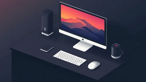 Minimalist isometric desktop workspace with iMac setup.