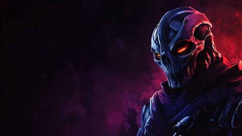 Mysterious armored specter with glowing ember-bright eyes.