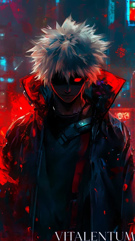 Neon rogue stalks the crimson night in glitch-lit rain.