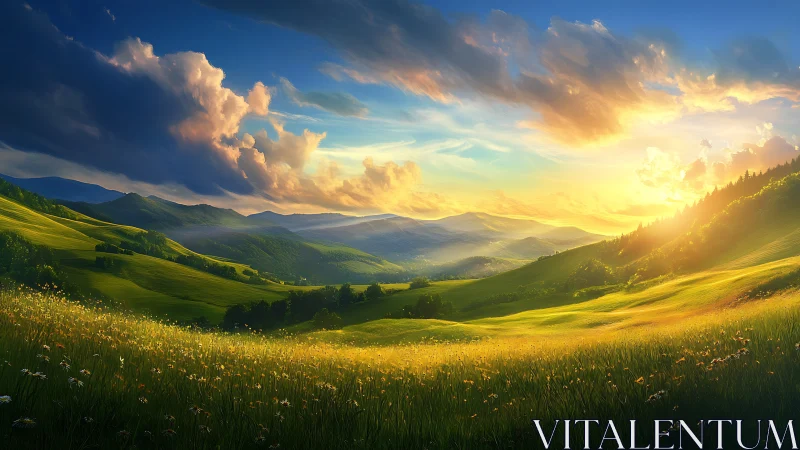 Sunlit mountain valley glows under dramatic storm clouds.