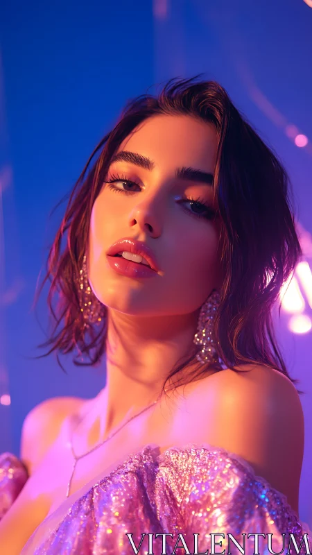 Neon-lit close-up portrait renders glossy skin and sequined fabric