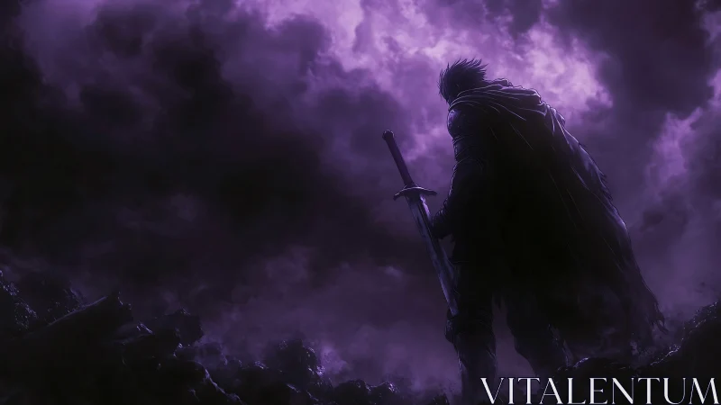 Lone armored warrior faces stormy violet sky in silence.