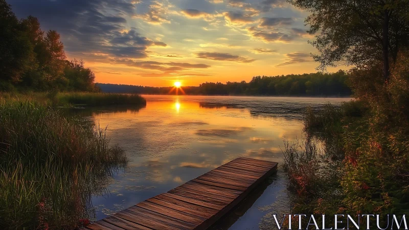 Sunlit wooden pier dreaming over a glassy twilight lake.