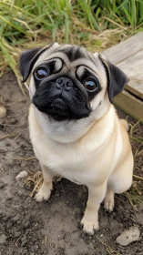 Pug sitting on soil near wooden plank outdoors.