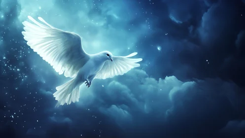 Luminous white dove glides through a dreamlit cosmic sky.