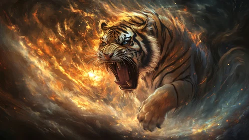 Roaring fire-tiger erupts through swirling cosmic flames.