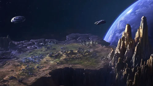 Alien plateau colony beneath looming gas giant horizon.