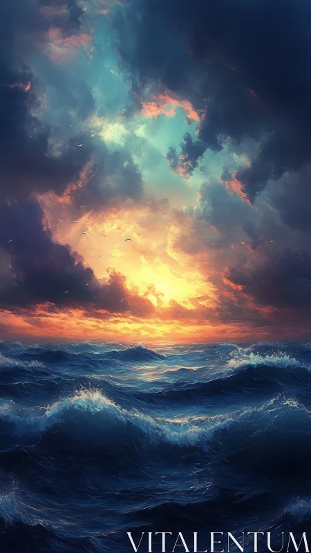 Stormy ocean waves roll under turbulent sunset sky