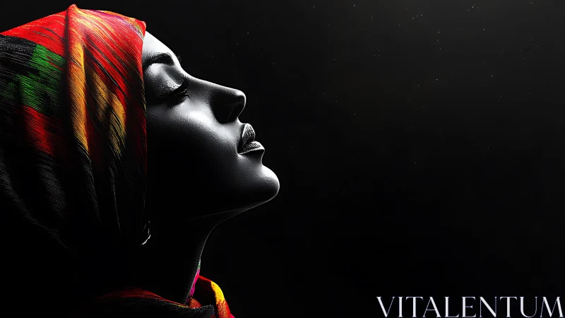Profile portrait with vibrant headscarf in deep shadow.