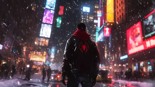 Snowy city night with a lone urban hero in bright neon.