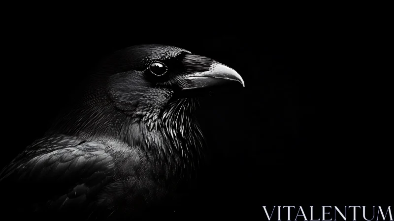 Striking black and white raven portrait with dramatic lighting.