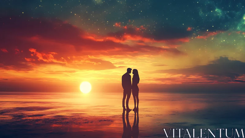Couple Silhouetted Against a Burning Sunset Over Water
