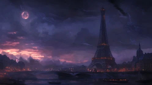 Nocturnal Eiffel skyline under storm-lit violet clouds.