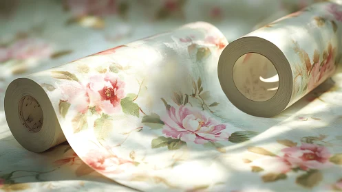 Soft floral wallpaper rolls glowing in gentle morning light.