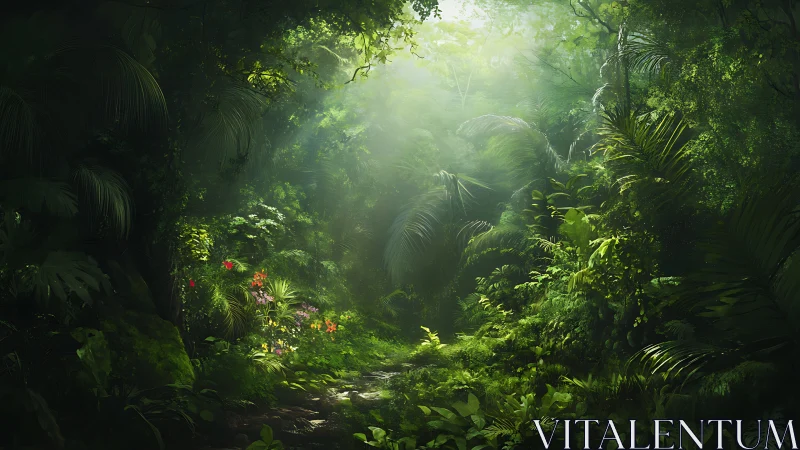 Tropical forest corridor with volumetric light penetration and layered vegetation density