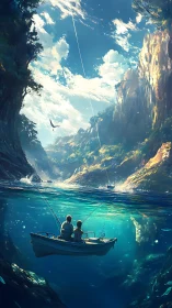 Peaceful fishing together on a sparkling turquoise river canyon.