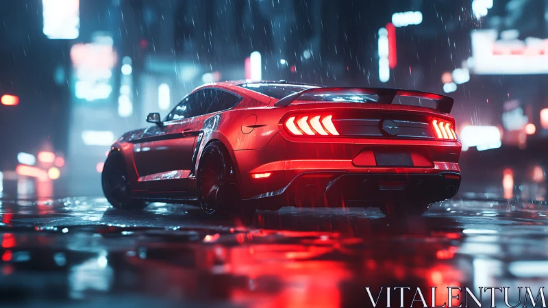 Red sports coupé under neon rain in futuristic city streets.