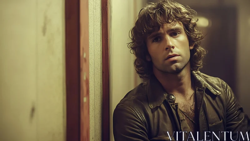 Brooding young man leans in dim hallway with vintage glow