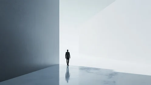 Solitary figure navigates minimal architectural passage toward light.