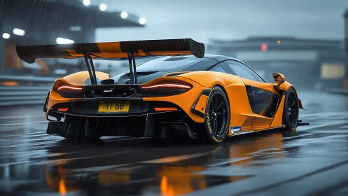 Orange track-focused supercar on wet pit lane in rain.