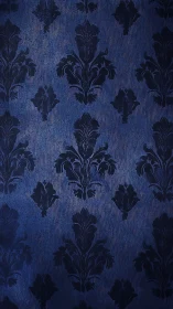 Symmetrical blue damask wallpaper with textured jacquard surface