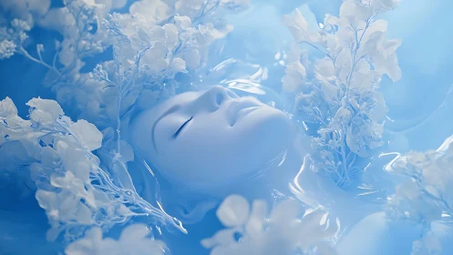 Pale dreamer adrift in blue milk, crowned by icy blossoms.