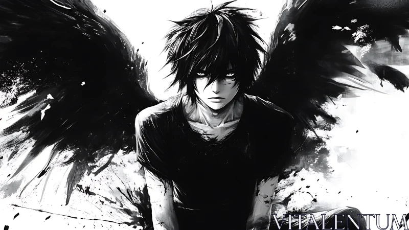 Dark winged boy sits in stark monochrome chaos.