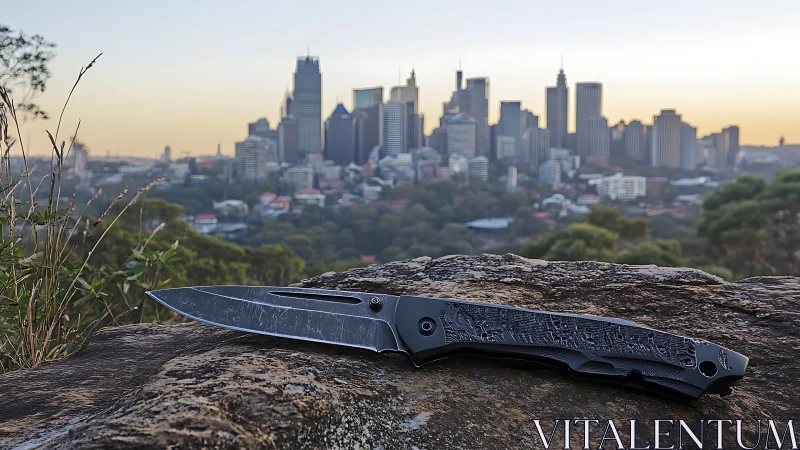 Urban-edge folding knife resting above sunrise skyline.