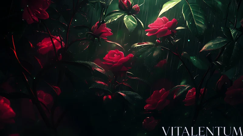 Red roses with damp foliage in low-key lighting environment.