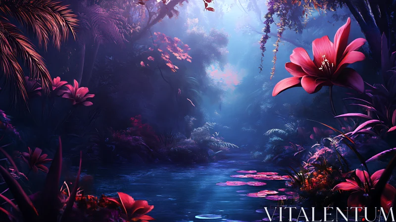 Enchanted jungle pond glowing with dreamy pink flowers.