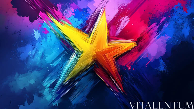 Color-splashed yellow star on bold abstract background.