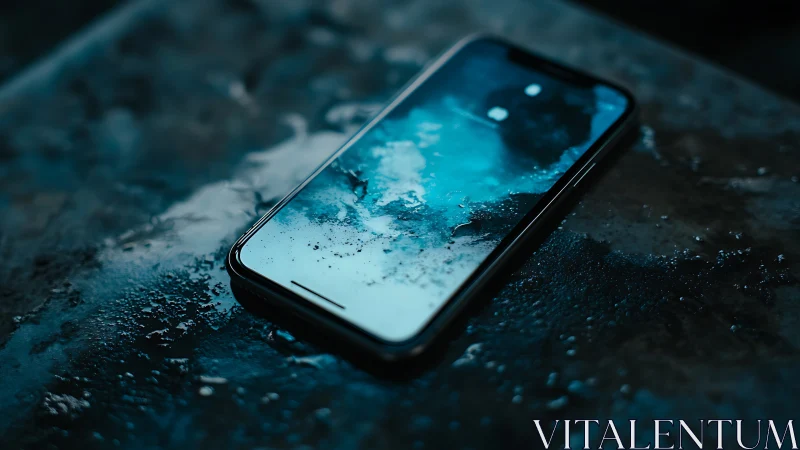 Smartphone on Wet Surface with Water Droplets and Blue Lighting