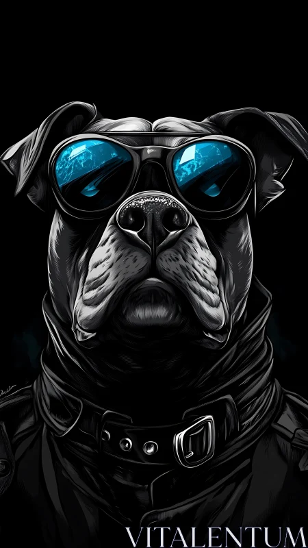 Cool black dog in leather jacket and reflective shades.