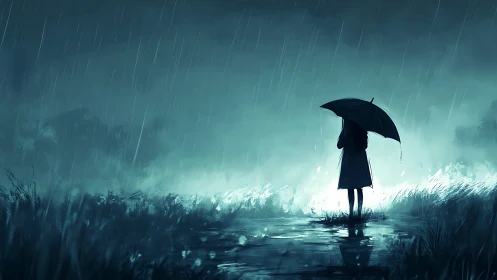 Silhouetted figure with umbrella in rainy marsh landscape.