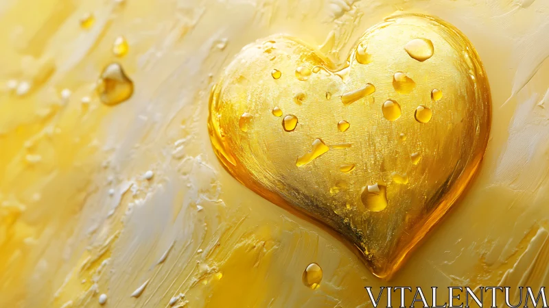 Gold heart with liquid droplets and reflective surface texture