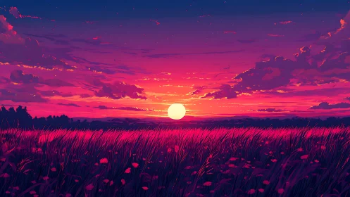 Crimson dusk sun sinking over neon-kissed wildflower meadow.